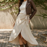 Saia Envelope Midi Linho Transpassada Feminina