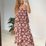 Vestido Longo Babados Estampado Leque De Pavão