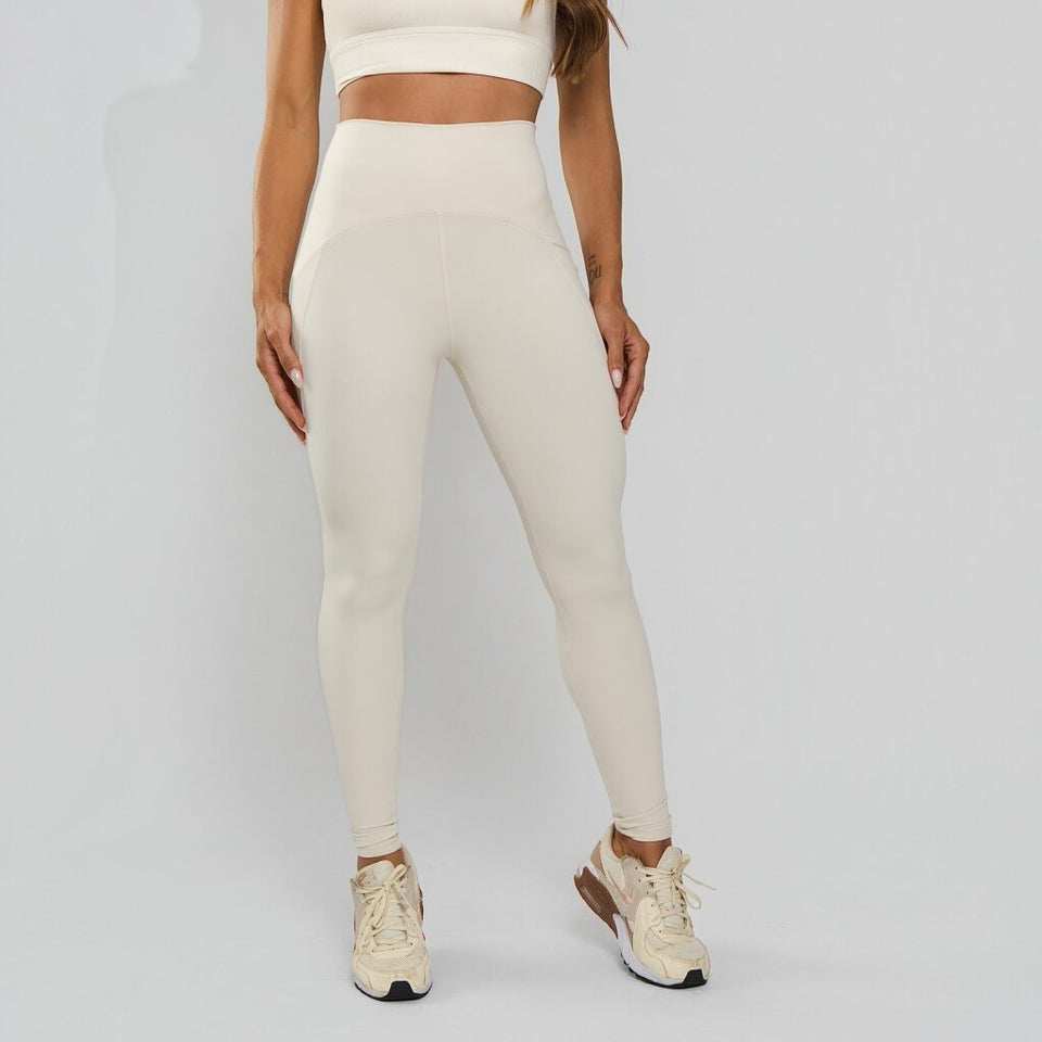 Calça Legging Poliamida Texturizada Cós Alto Duplo Off White LG2391