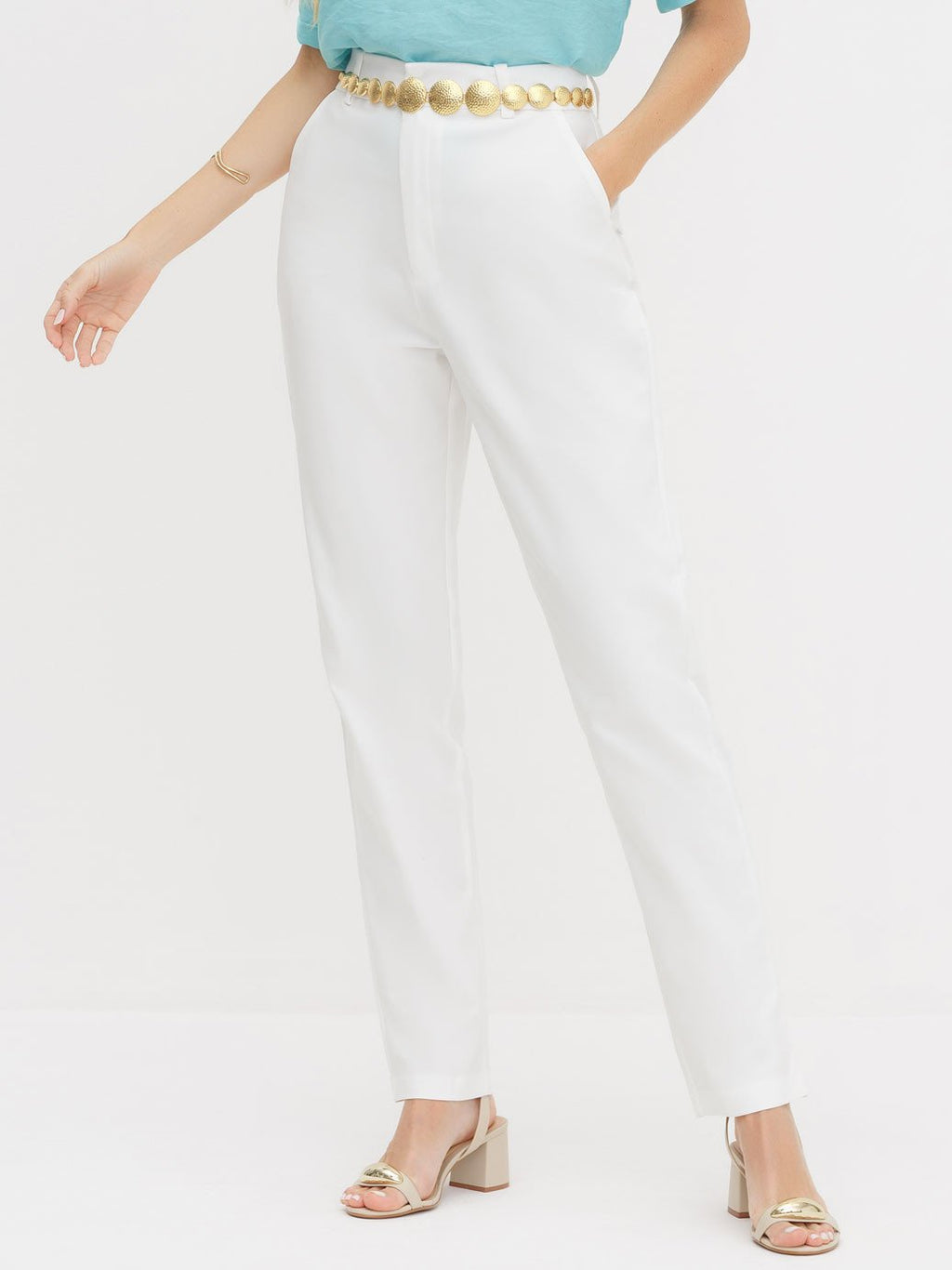 Calça de Alfaiataria Reta Slim Off White Dinalva