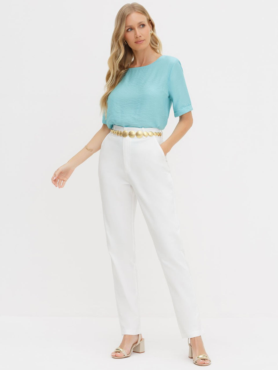 Calça de Alfaiataria Reta Slim Off White Dinalva
