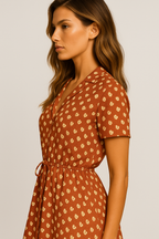 Vestido Helena Midi Manga Curta e Decote V