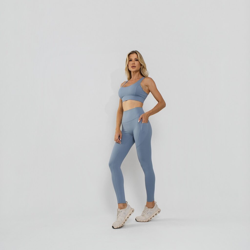 Calça Legging Premium Cós Antômico Superlargo Recorte Texturizado Azul LG2398