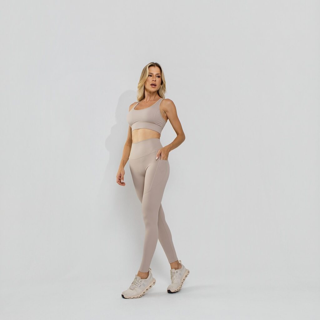 Calça Legging Premium Cós Antômico Superlargo Recorte Texturizado Areia LG2397