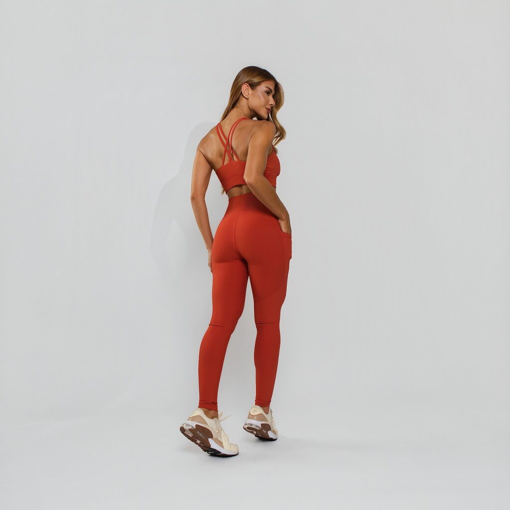Calça Legging Premium com Bolso e Recortes Tecido Texturizado Laranja LG2389