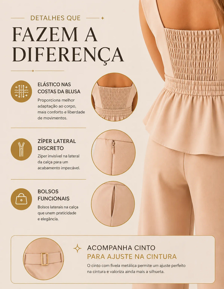 Conjunto Feminino Alfaiataria Elegante Blusa Calça Pantalona