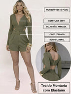 Macaquinho Feminino Curto Decote Cinto Bolso Montaria Manga