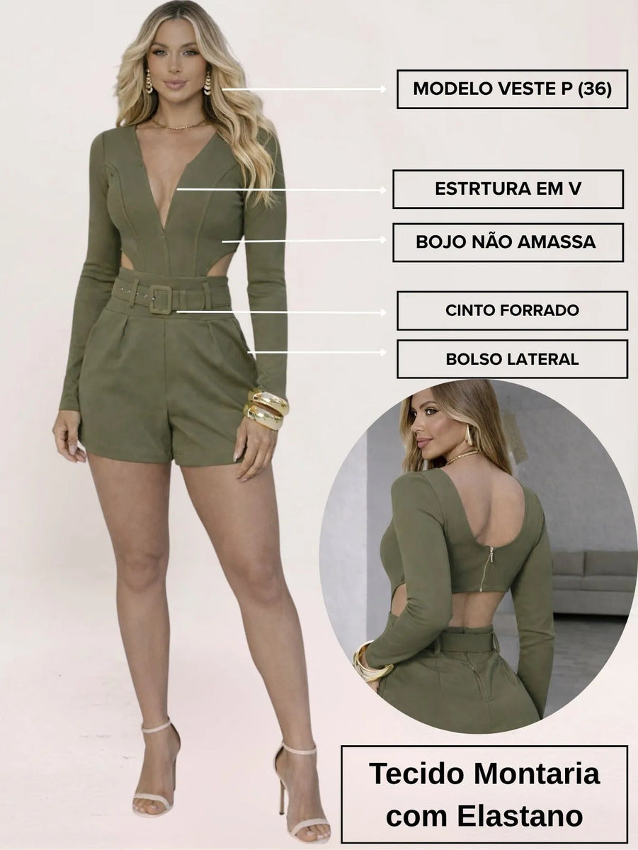Macaquinho Feminino Curto Decote Cinto Bolso Montaria Manga