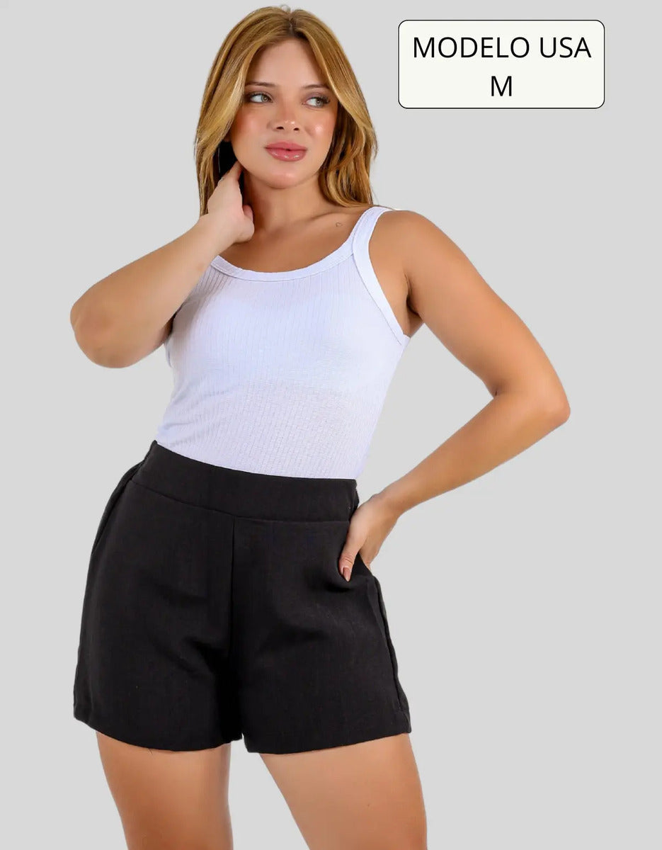 Short Linho Casual Básico Cintura Alta Moda Verão Elegante