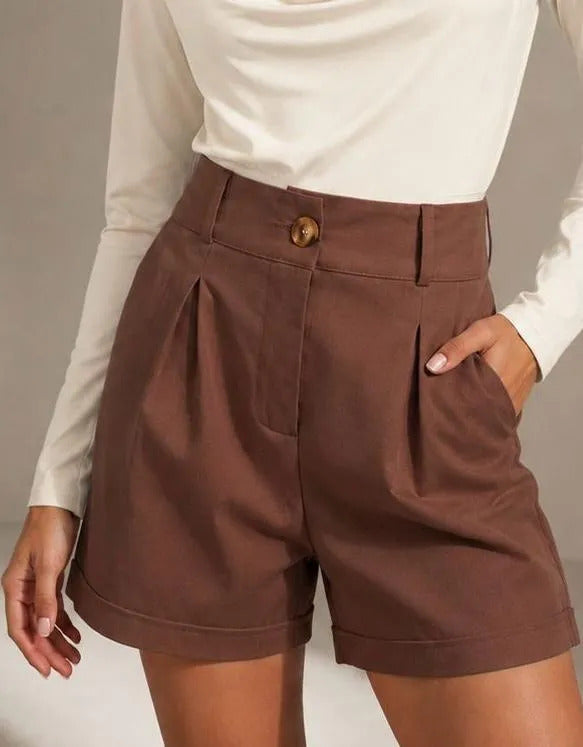 Short Feminino Linho Cintura Alta Com Bolso Cós De Elástico
