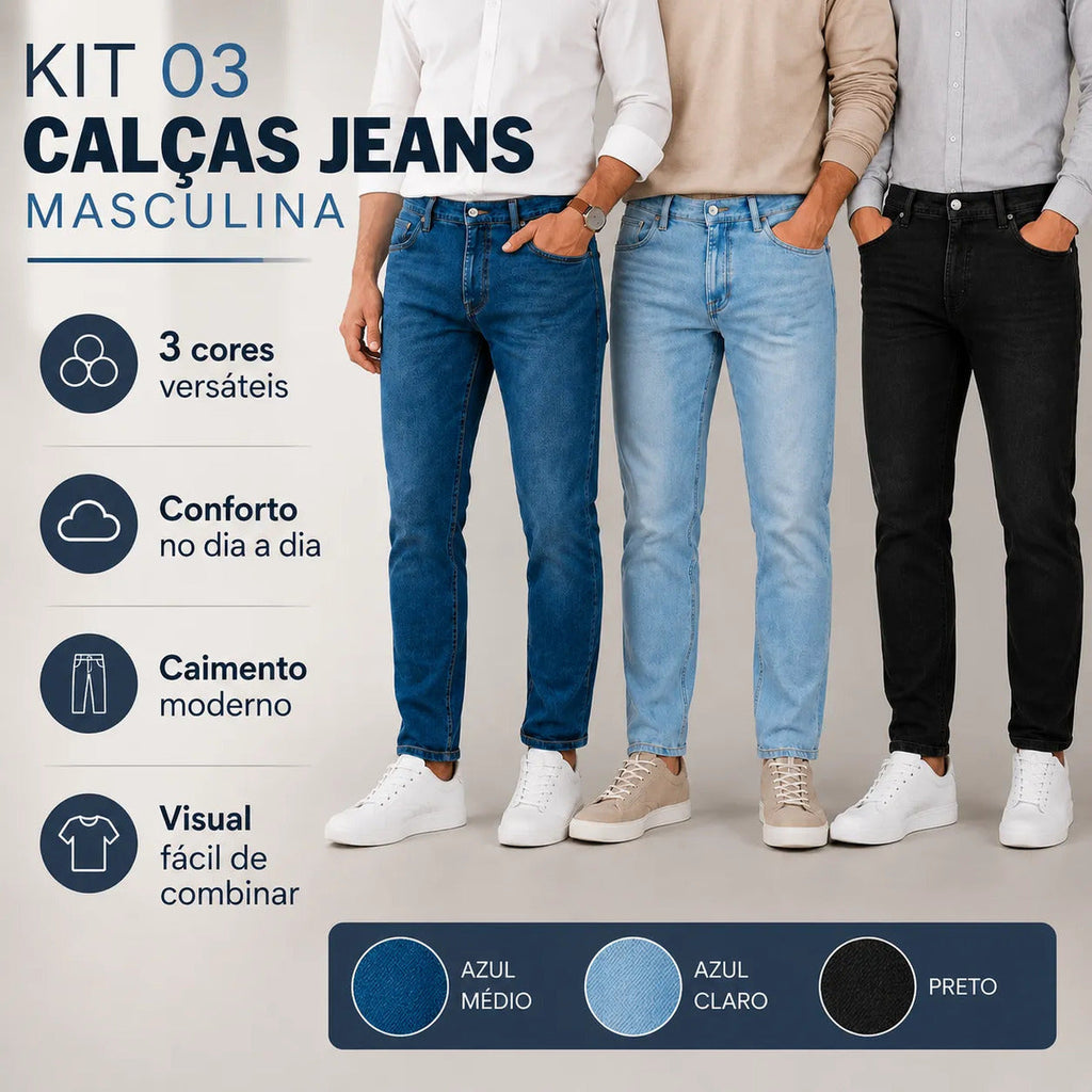 Kit 03 Calças Jeans Premium Masculina Elastano Dia A Dia