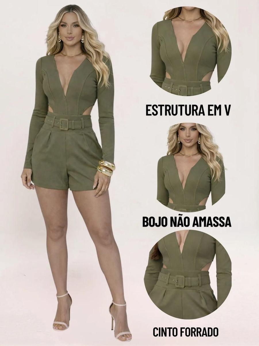 Macaquinho Feminino Curto Decote Cinto Bolso Montaria Manga