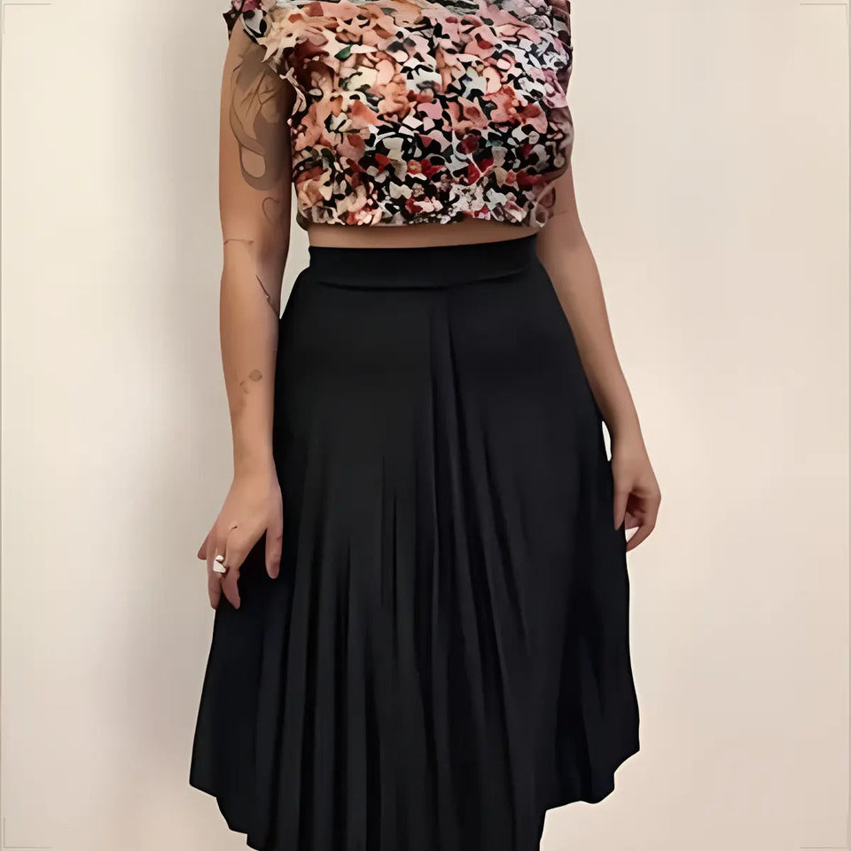 Saia Midi Preta Plissada Cintura Alta Tendência Social Moda