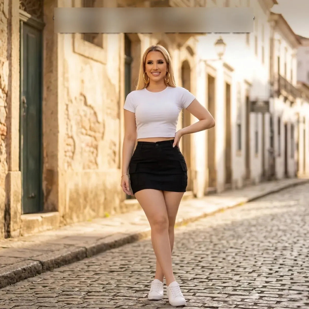 Saia Cargo Sarja Feminina Cintura Alta Com Lycra Bolsos