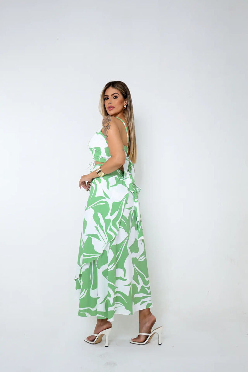 Conjunto Saia  Envelope E Cropped Com Amarração - Verão