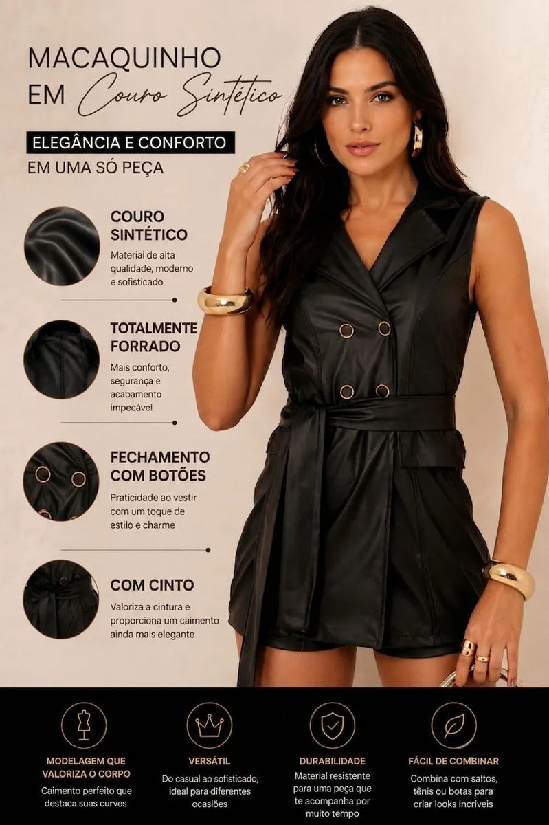 Macaquinho Feminino Couro Fake Com Cinto E Botões Moda Festa