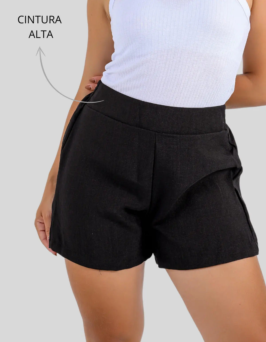 Short Linho Casual Básico Cintura Alta Moda Verão Elegante