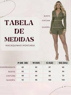 Macaquinho Feminino Curto Decote Cinto Bolso Montaria Manga