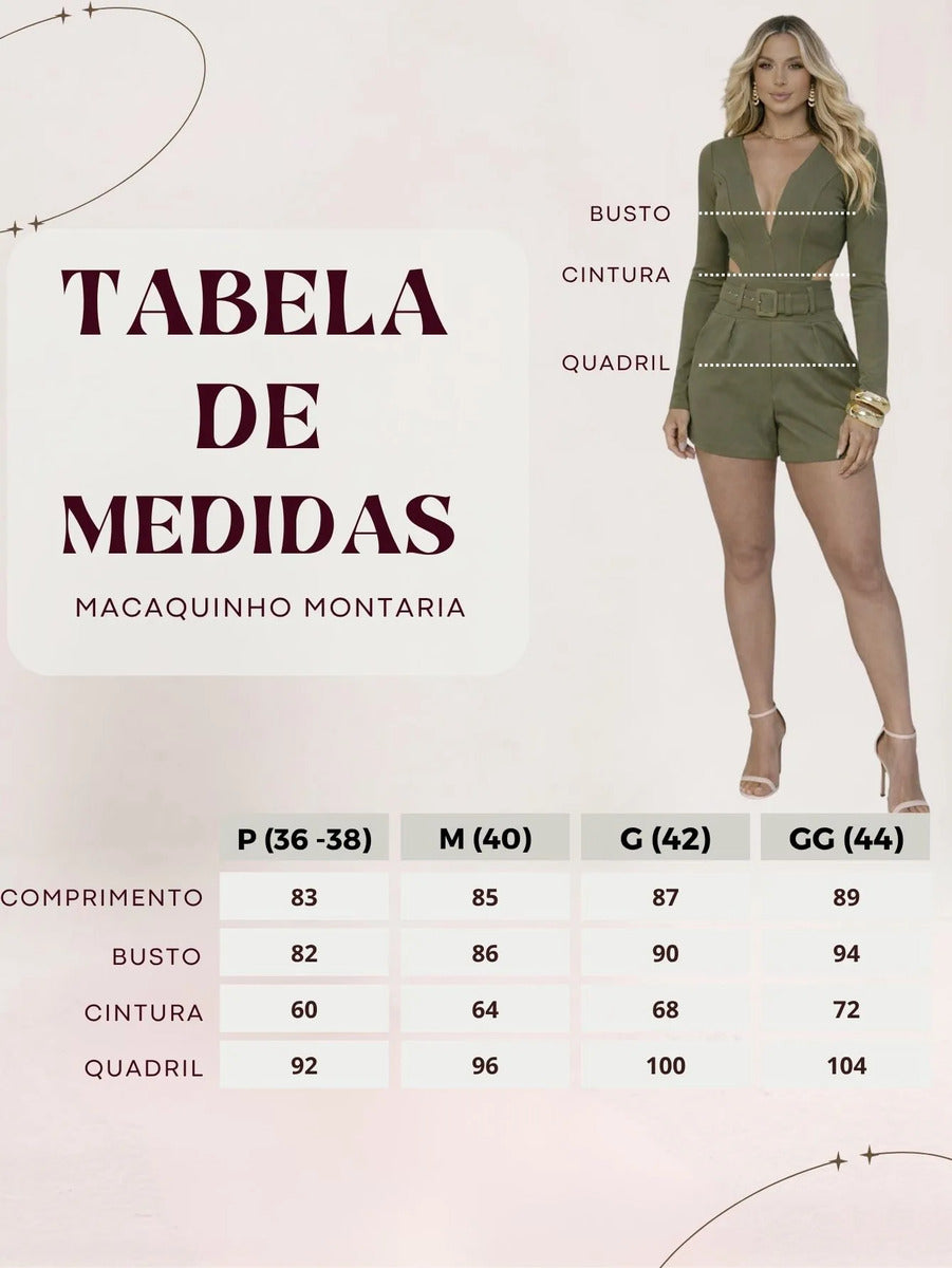 Macaquinho Feminino Curto Decote Cinto Bolso Montaria Manga