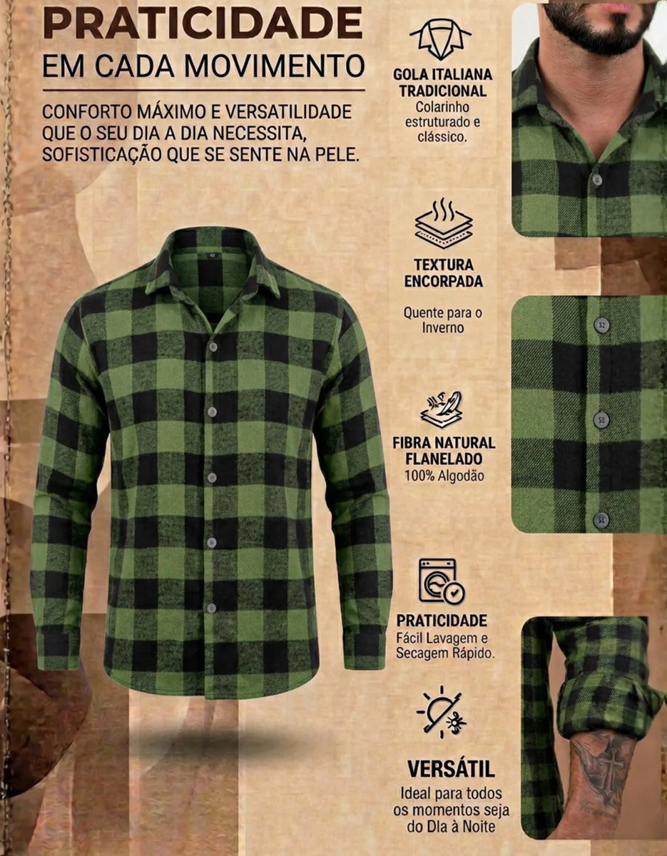 Camisa Social Masculina Xadrez Manga Longa Casual Inverno