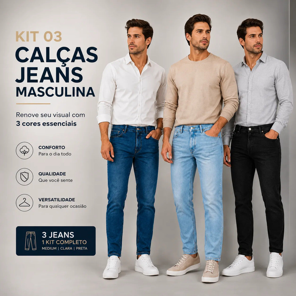 Kit 03 Calças Jeans Premium Masculina Elastano Dia A Dia