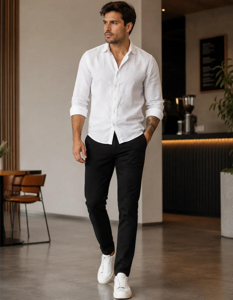 Calça Sarja Masculina Social Slim Elastano Bolso Embutido