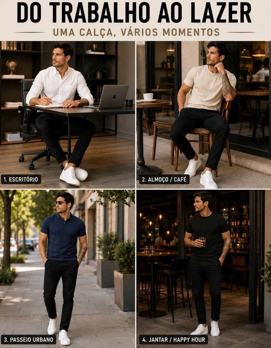 Calça Sarja Masculina Social Slim Elastano Bolso Embutido
