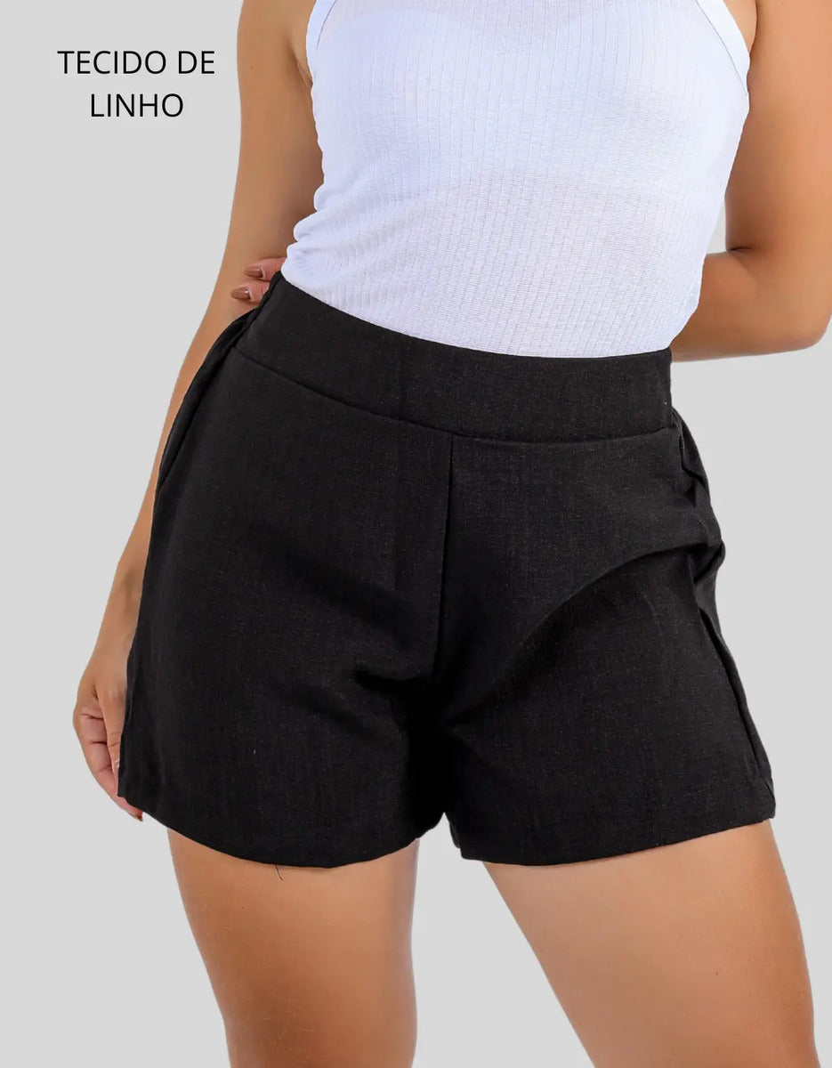 Short Linho Casual Básico Cintura Alta Moda Verão Elegante
