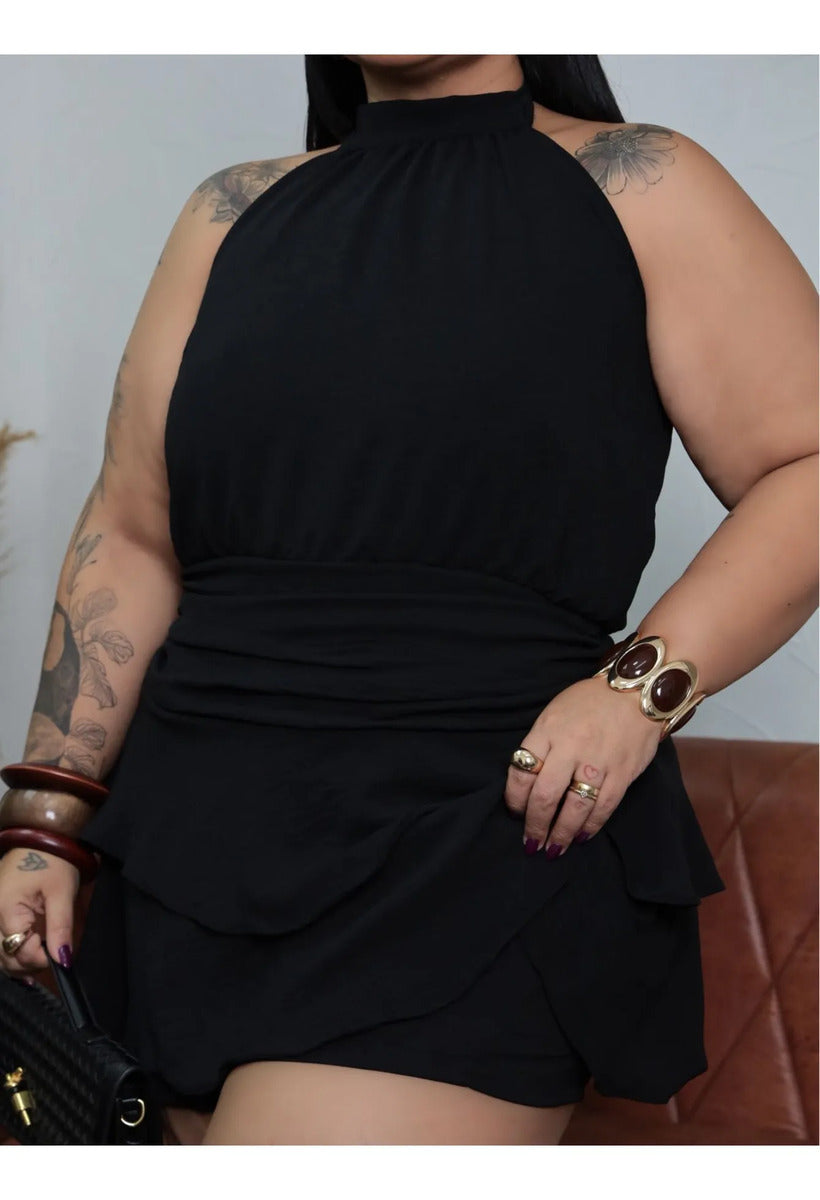 Macaquinho Short-saia Plus Size Feminino Lastex Nas Costas