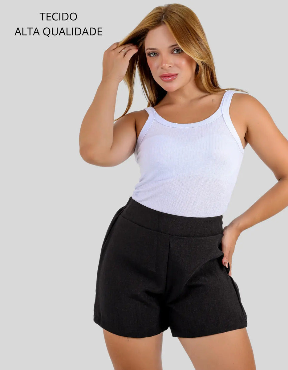 Short Linho Casual Básico Cintura Alta Moda Verão Elegante