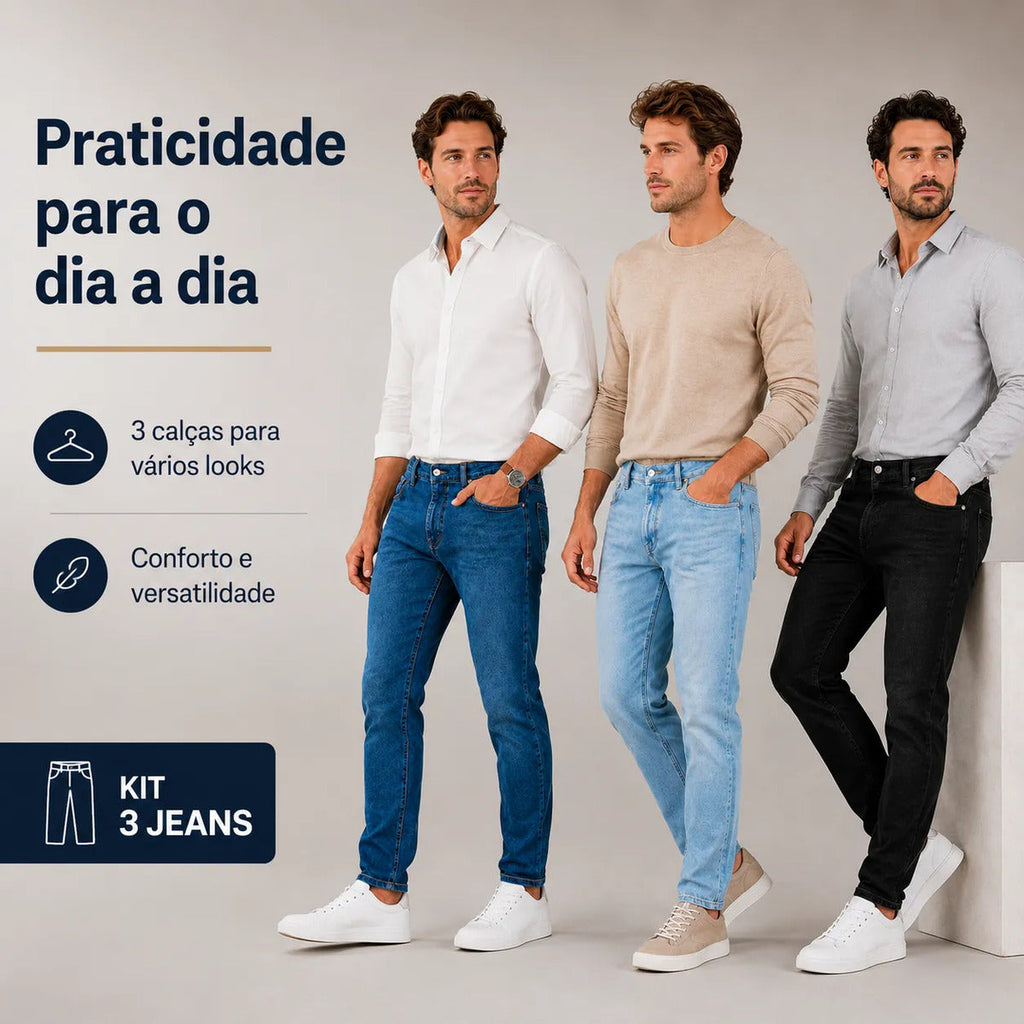 Kit 03 Calças Jeans Premium Masculina Elastano Dia A Dia