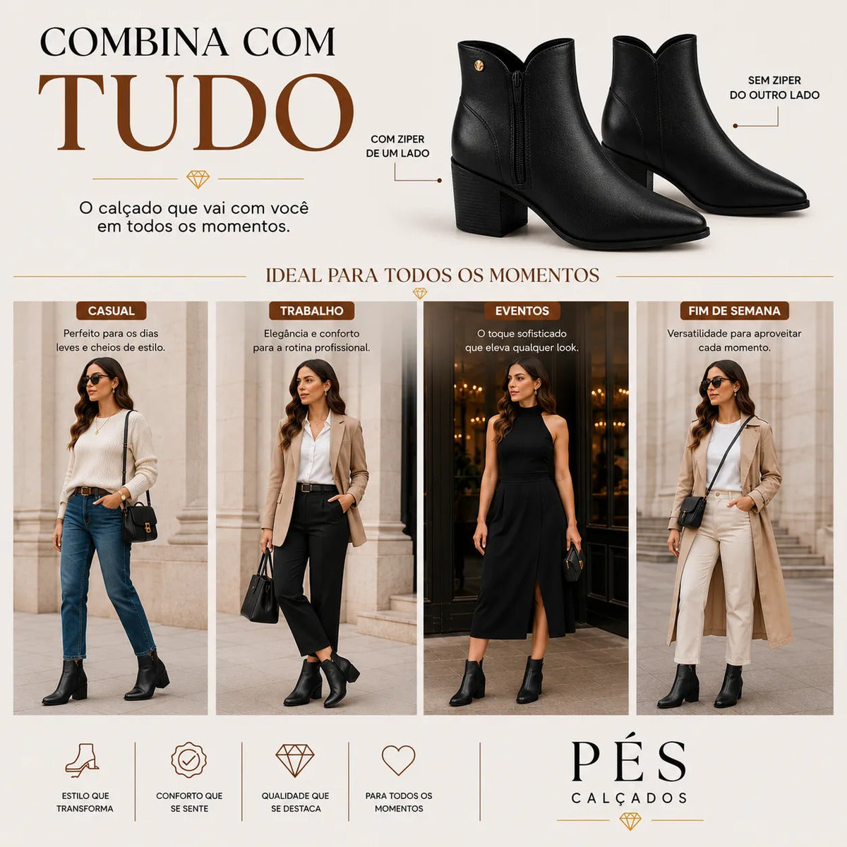 Bota Feminina Cano Curto Via Uno Mestiço Com Zíper Original