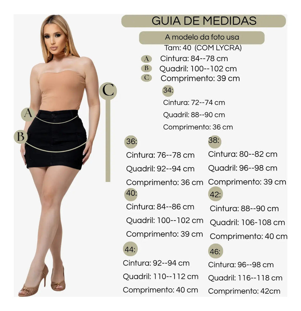 Saia Cargo Sarja Feminina Cintura Alta Com Lycra Bolsos