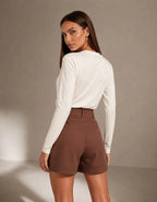 Short Feminino Linho Cintura Alta Com Bolso Cós De Elástico
