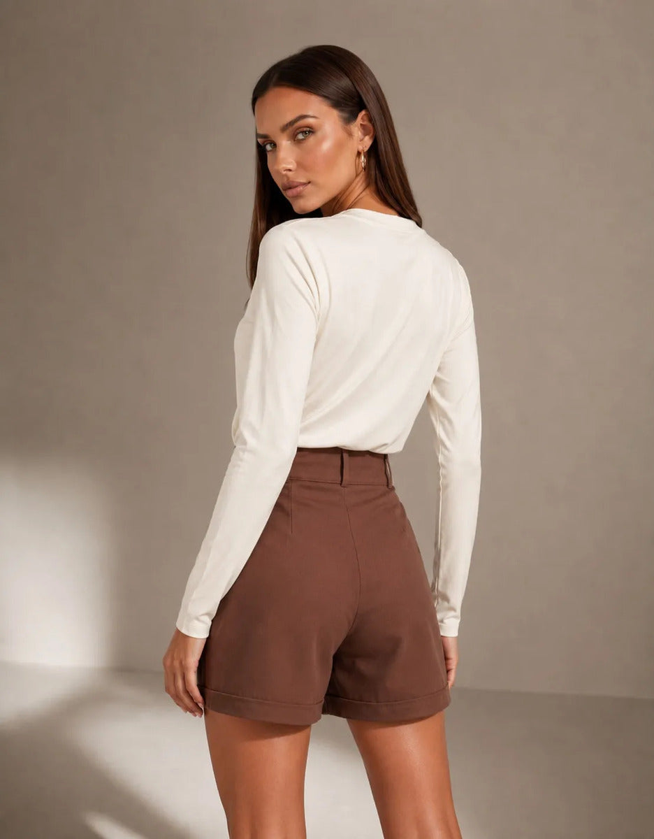 Short Feminino Linho Cintura Alta Com Bolso Cós De Elástico