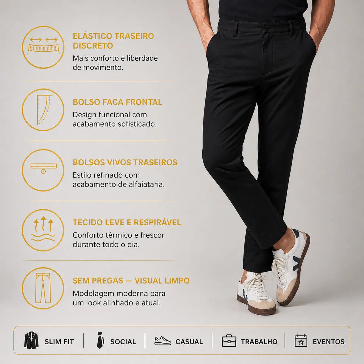 Calça Alfaiataria Masculina Slim Fit Social Sport Fino