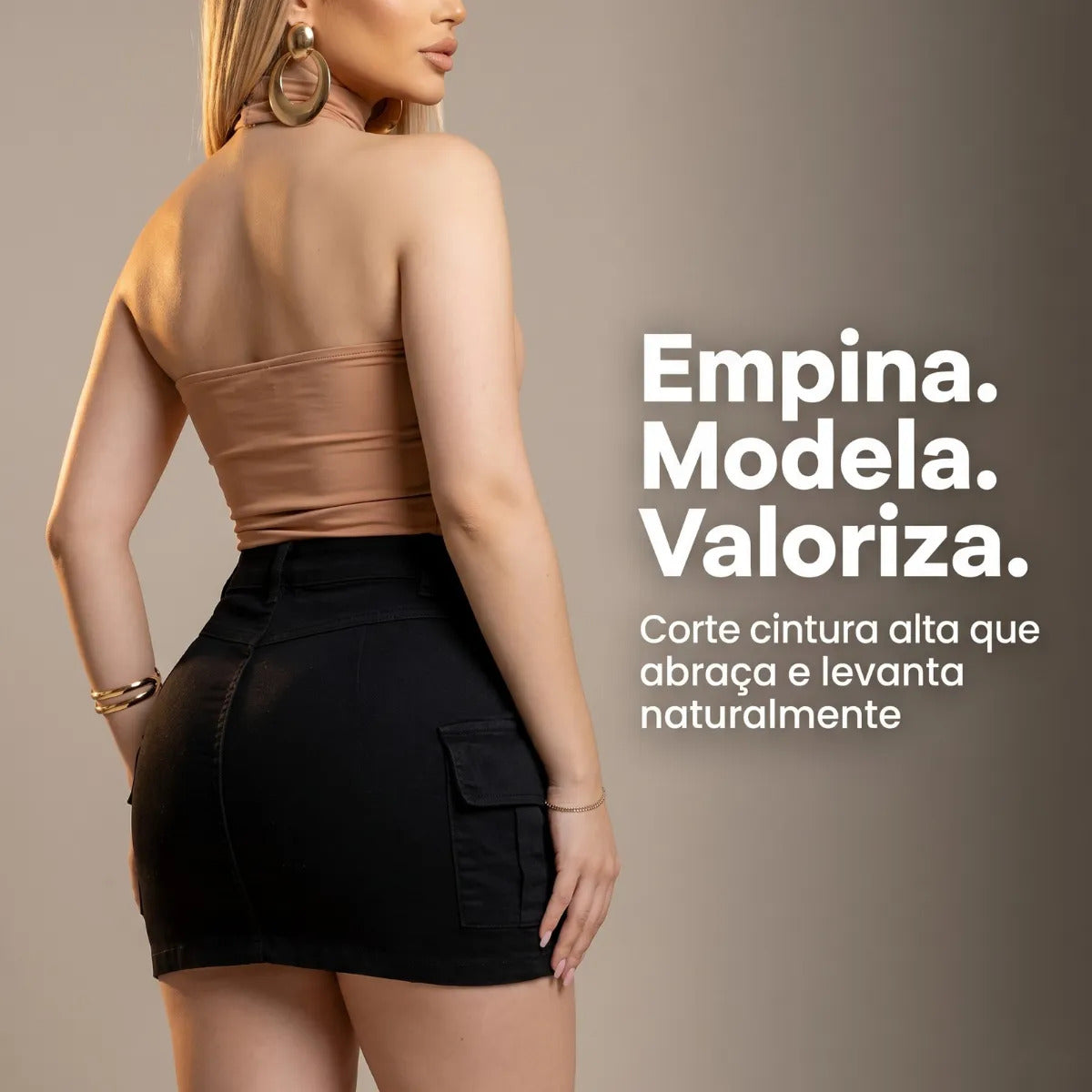 Saia Cargo Sarja Feminina Cintura Alta Com Lycra Bolsos