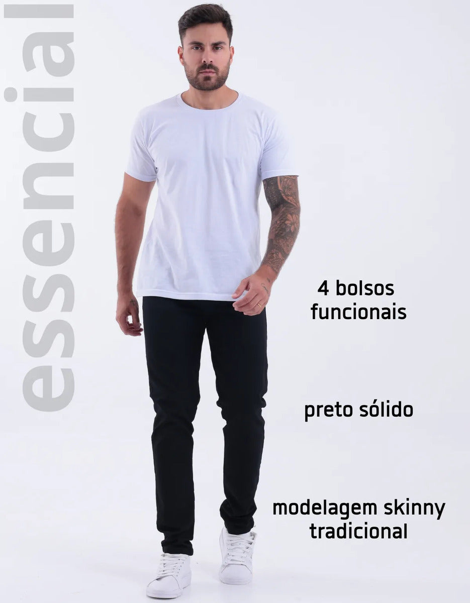 Calça Skinny Preta Masculina Jeans Com Elastano Lycra