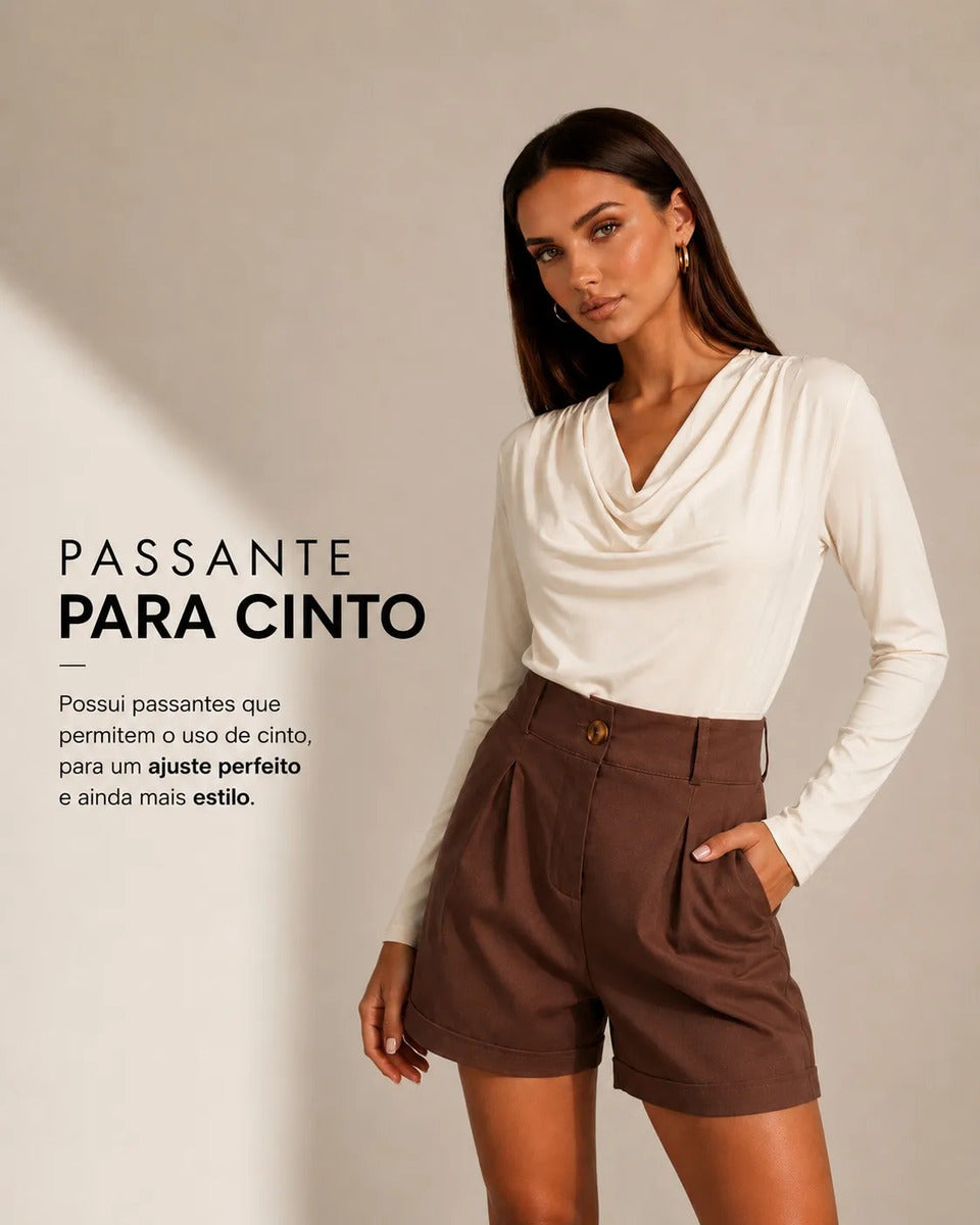 Short Feminino Linho Cintura Alta Com Bolso Cós De Elástico
