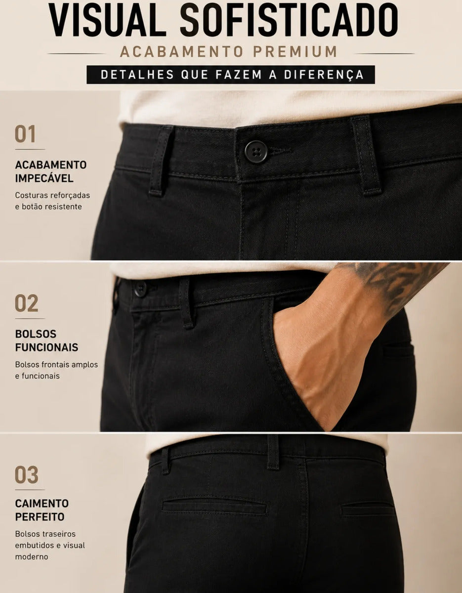 Calça Sarja Masculina Social Slim Elastano Bolso Embutido