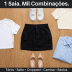 Saia Cargo Sarja Feminina Cintura Alta Com Lycra Bolsos
