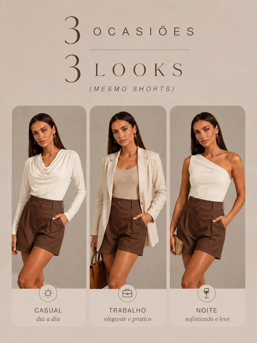 Short Feminino Linho Cintura Alta Com Bolso Cós De Elástico