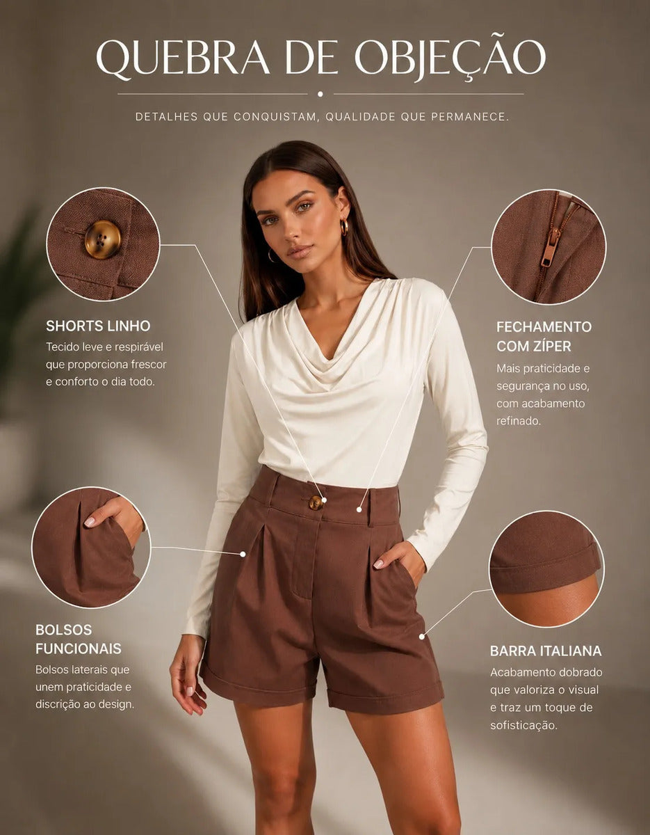 Short Feminino Linho Cintura Alta Com Bolso Cós De Elástico