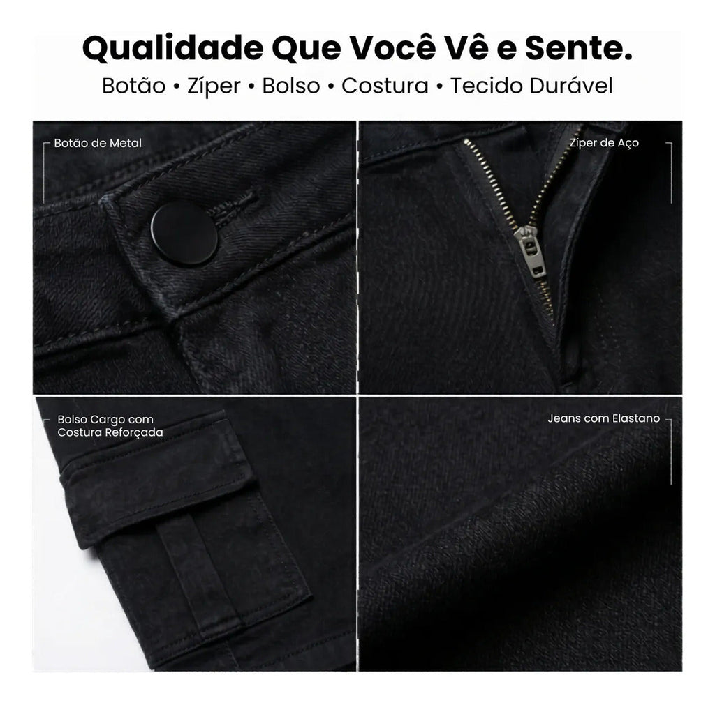 Saia Cargo Sarja Feminina Cintura Alta Com Lycra Bolsos