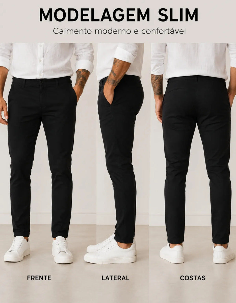 Calça Sarja Masculina Social Slim Elastano Bolso Embutido