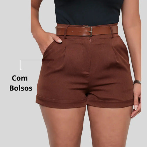 Short Alfaiataria Casual Curto Com Cinto E Bolsos Tendência
