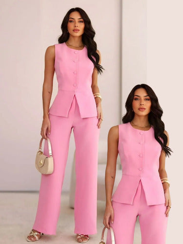 Conjunto Feminino Calça E Colete Liso  Alfaiataria Social