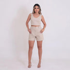 Short Feminino Alfaiataria Bolsos Cintura Alta Tendência