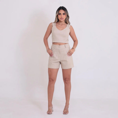 Short Feminino Alfaiataria Bolsos Cintura Alta Tendência