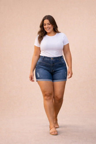 Short Jeans Plus Size Cintura Alta Lycra Levanta Bumbum